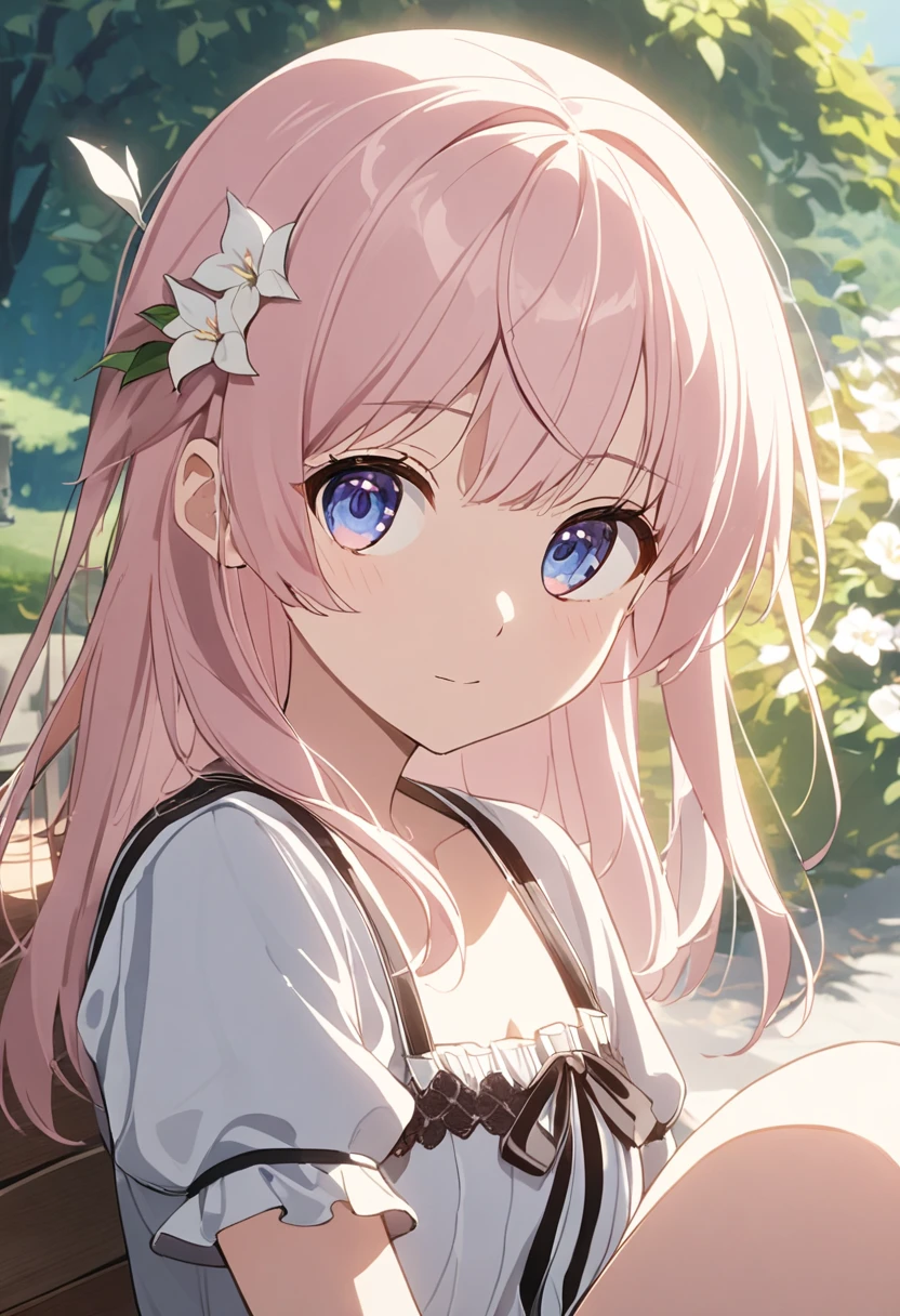 (masterpiece, Very detailed, Exquisite, beautiful, Full HD, High resolution, Absurd), Lilia, A girl with long pink hair, blue eyes, a white dress with black lace, a big pink ribbon on her chest, a white flower hair ornament around her right ear. In the quiet garden, Sitting on a bench, afternoon, Balanced, Eye level shot, Soft and natural light, Character Faces, Smooth, peaceful, anime style, attractive anime, pixiv fan art