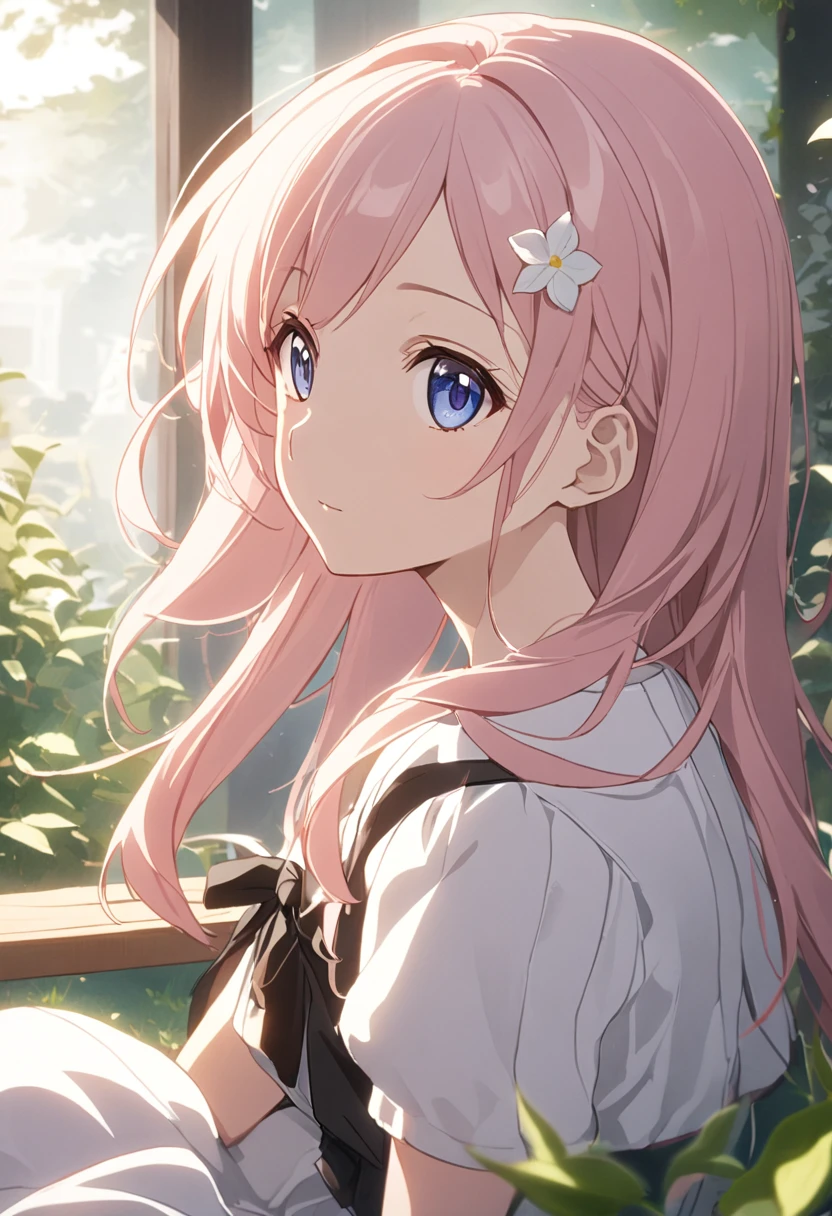 (masterpiece, Very detailed, Exquisite, beautiful, Full HD, High resolution, Absurd), Lilia, A girl with long pink hair, blue eyes, a white dress with black lace, a big pink ribbon on her chest, a white flower hair ornament around her right ear. In the quiet garden, Sitting on a bench, afternoon, Balanced, Eye level shot, Soft and natural light, Character Faces, Smooth, peaceful, anime style, attractive anime, pixiv fan art
