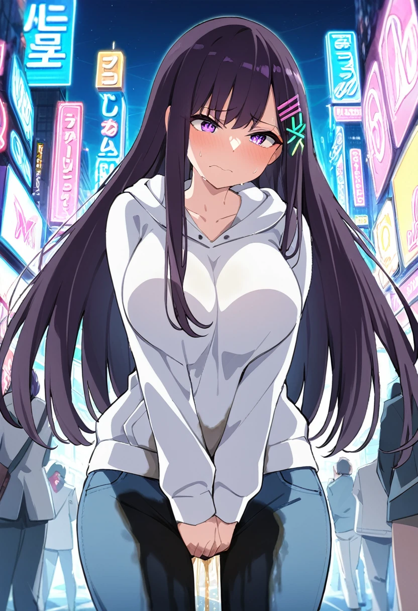 (masterpiece:1.37), best quality, (extremely detailed:1.37), (1girl:1.5), woman, (mature:1.5), (adult:1.5), large breasts, very long hair, (straight hair:1.5), (very dark purple hair:1.5), purple eyes, (extremely detailed eyes:1.37), hoodie, jeans, desperation, (wetting self:1.5), standing, embarrassed, humiliation, blushing, angry, city, futuristic, neon lighting, high-tech, street, skyscraper