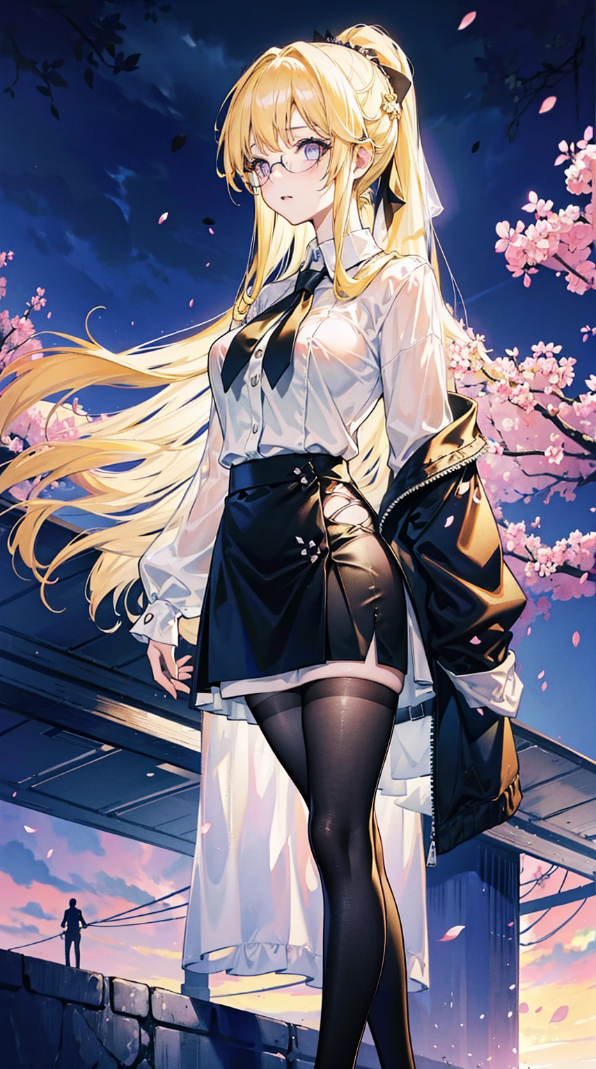 Young and beautiful Kathryn Newton, Glasses, White dress shirt, Very deep neckline, Black Mini Dress, Dark pantyhose, Surreal, 14 years old, Model figure, Large Breasts, Beautiful breasts, Big Ass, Long hair, Ponytail, Blonde hair, Long legs, 8K, futuristic city, Cherry blossoms, sunrise, LED lighting, Anime style, （（Leaning against the wall，Sideways posture））