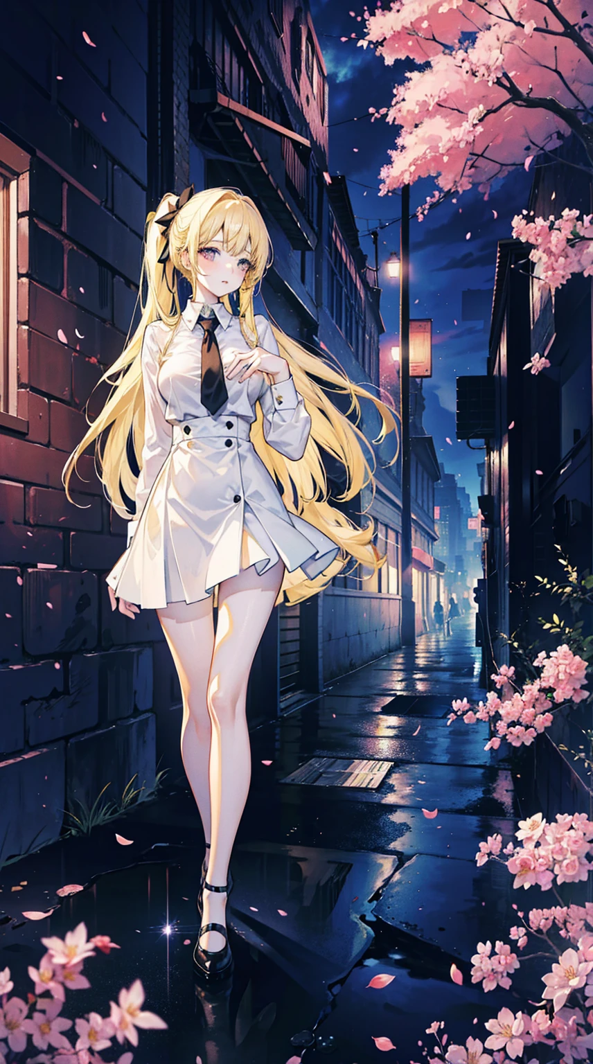 Young and beautiful Kathryn Newton, Glasses, White dress shirt, Very deep neckline, Black Mini Dress, Dark pantyhose, Surreal, , Model figure, Large Breasts, Beautiful breasts, Big Ass, Long hair, Ponytail, Blonde hair, Long legs, 8K, futuristic city, Cherry blossoms, sunrise, LED lighting, Anime style, ((Leaning against the wall,Sideways posture))