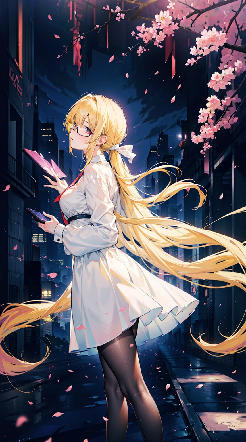Young and beautiful Kathryn Newton, Glasses, White dress shirt, Very deep neckline, Black Mini Dress, Dark pantyhose, Surreal, , Model figure, Large Breasts, Beautiful breasts, Big Ass, Long hair, Ponytail, Blonde hair, Long legs, 8K, futuristic city, Cherry blossoms, sunrise, LED lighting, Anime style, ((Leaning against the wall,Sideways posture))