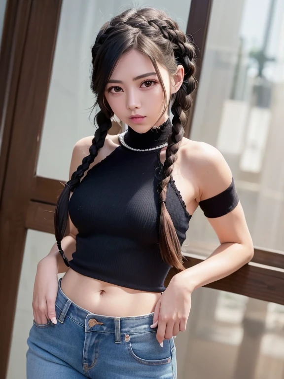 work of art, 4K, detailded, extreme detailded, High definition, cowboy shot, (1 girl), (standing alone), (darkskin), darkskin, (glass eyes,18-years old, white sweater, Off The Shoulder, sleeveless, tummy, medium chest, short black hair, (two braids), short two braids, (two braids médias no cabelo), greeneyes, strong build, athletic body, jeans, (high qualiy), (High definition), (very detailded) ), curly hair, waist long, a little chubby