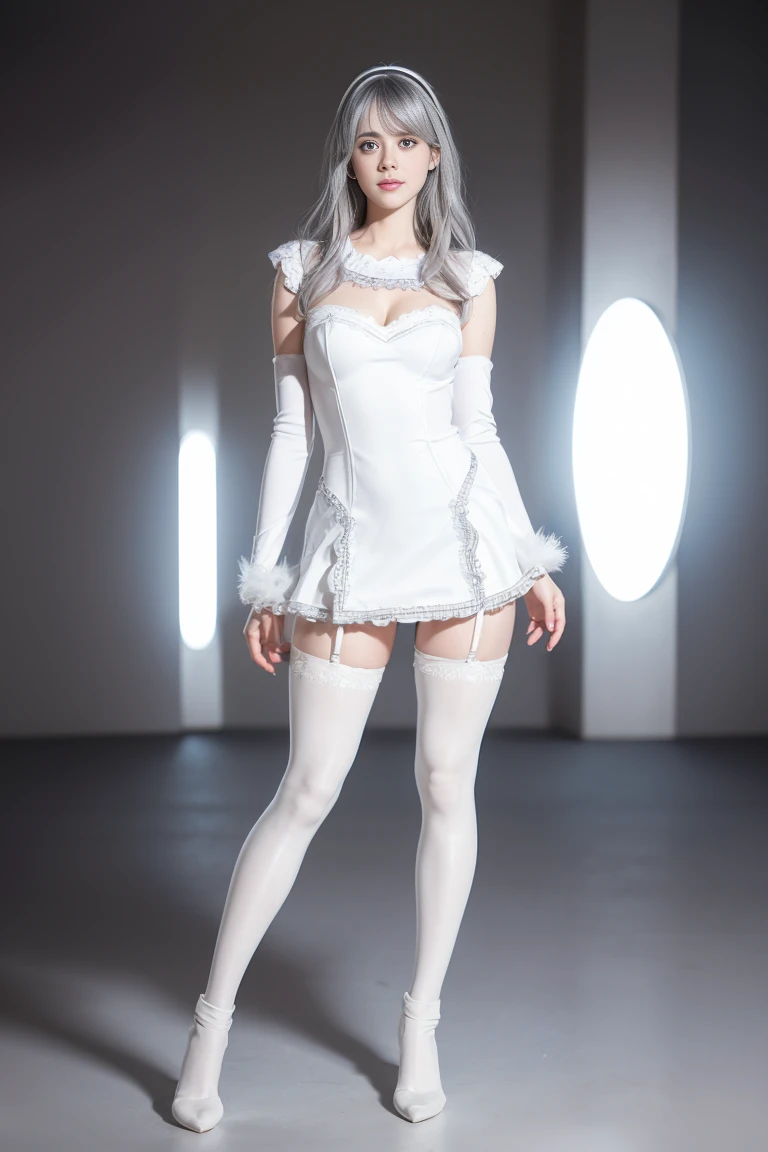 full body, (long shot full body view:1.1), (tights:1.2), realistic, fashion model zooey deschanel 25 years old, perfect eyes, perfect iris, perfect lips, perfect teeth, perfect skin, soft front light, glow, HDR, (muted colors:1.2),( silver hair, ) ((white stockings:1.2))