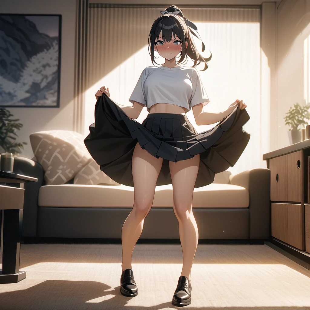 (masterpiece),(best quality),(ultra detailed),
highly detailed, intricate details, High quality shadow, Cinematic Light, MILF,
sole girl, full body, standing, black ponytail, hair ribbon, black and white crop-top, short skirt,
In a living room, shy, embarrassed, lifting up skirt herself, looking at camera,
bg_imgs,
