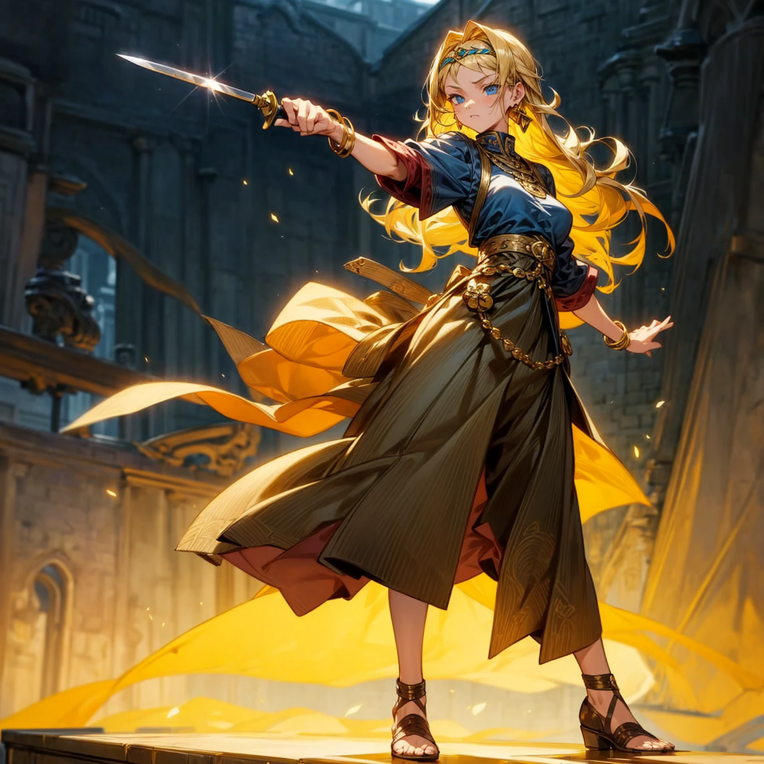 1girl, Full body version, 1character, adult version, blue eyes color, long Curly haircut, blonde colour hair, Gold earrings, gold bracelets, medieval style clothing, knife Assassin in hand Grassroots, background in Town square, motion blur, standing gesture, (Hunter x Hunter style art)