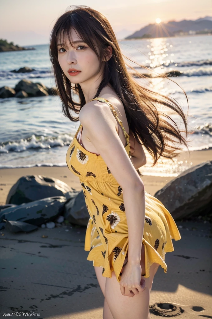 (realistic, photo-realistic:1.37),(8k, RAW photo, best quality, masterpiece:1.2), extremely fine detailed, ultra-detailed, physically-based rendering, ultra high res, kodakvision color, shot on Arricam LT Camera, bokeh, sharp focus, looking at viewer, photorealistic, realistic, solo, photorealistic, best quality, extremely detailed face, extremely detailed eyes and face, beautiful detailed eyes and hair, cuticle, absurdres, incredibly absurdres, floating hair,perfect body, ((yellow tropical pattern sundress, evening light)), walking on beach, turning towards viewer, waves in background, sunset sky