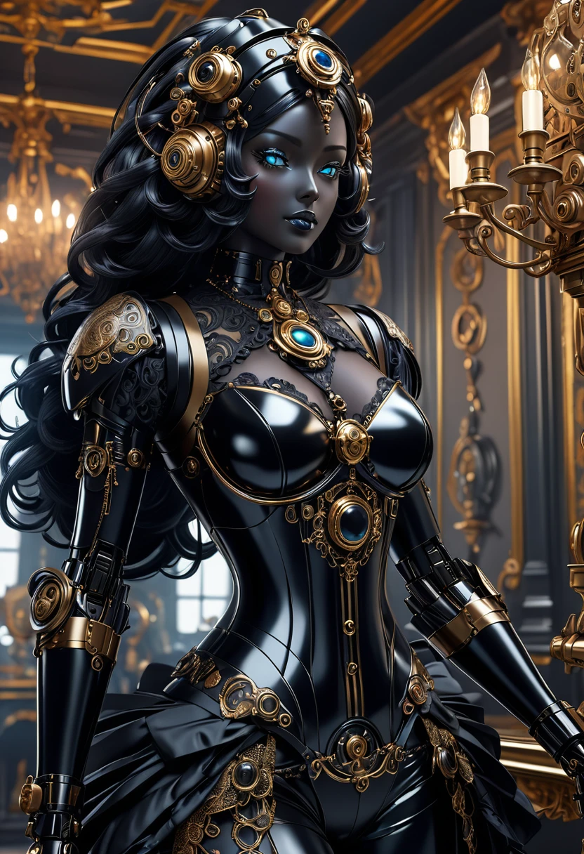 A steam punk style obsidian robot with a human like obsidian face. female figure. Wearing wig of spun obsidian. Ultra HD, Rococo-Inspired Fantasy Art With Intricate Details. (8K High Resolution) (top-quality)
