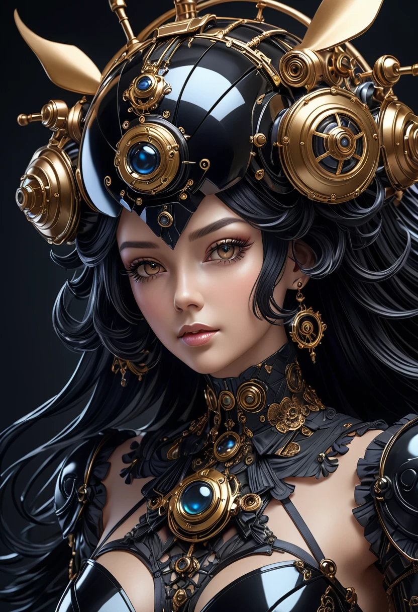 A steam punk style obsidian robot with a human like obsidian face. female figure. Wearing wig of spun obsidian. Ultra HD, Rococo-Inspired Fantasy Art With Intricate Details. (8K High Resolution) (top-quality)