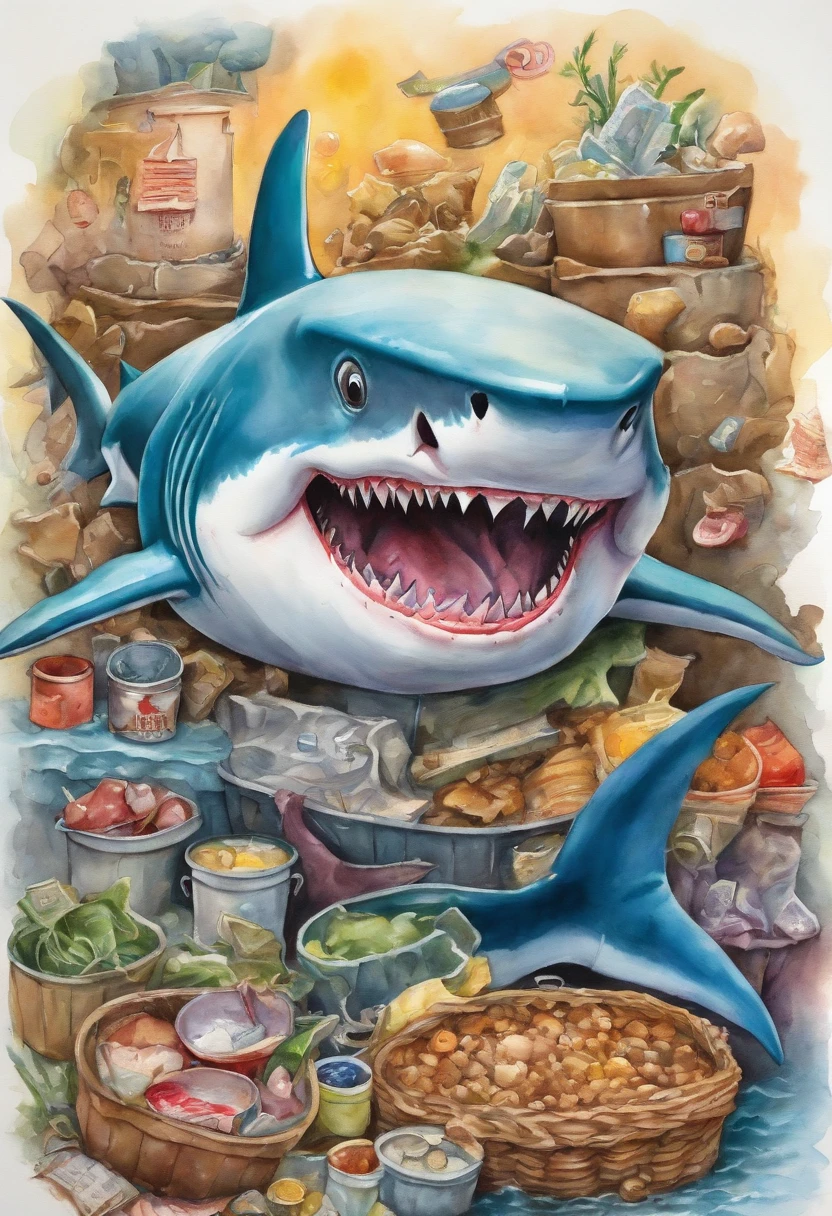 ((shark eating a mans stomach, garbage pail kids style)), under water, 3d cartoon, high quality, detailed,