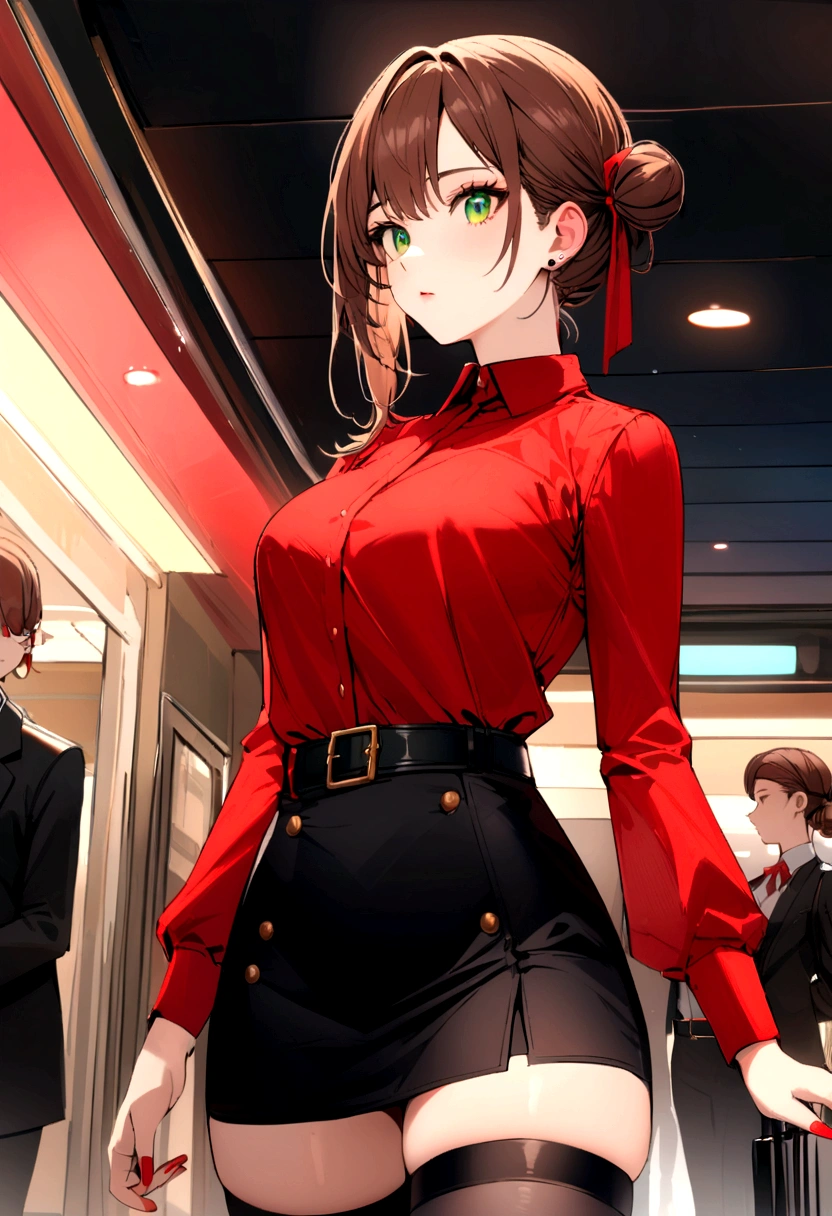 Girl, brown hair, green eyes, small side bun near top of head tied with small red ribbon, black skirt, thigh highs, refined eloquent modern day business, red shirt, belt, no earrings