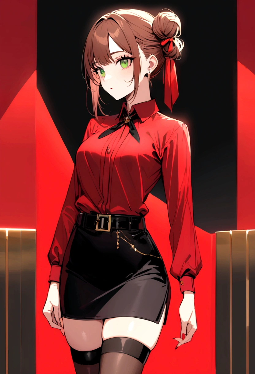 Girl, brown hair, green eyes, small side bun near top of head tied with small red ribbon, black skirt, thigh highs, refined eloquent modern day business, red shirt, belt, no earrings