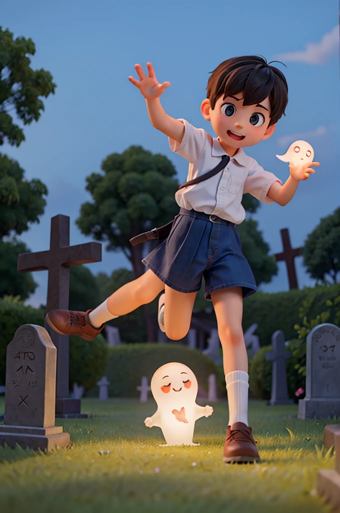 A boy waving and befriending a cute little ghost girl in a cemetery at night. ultra hd, 4k,