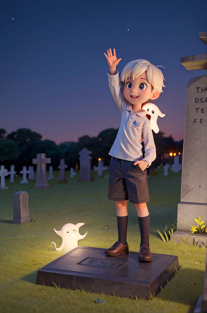 A boy waving and befriending a cute little ghost girl in a cemetery at night. ultra hd, 4k,