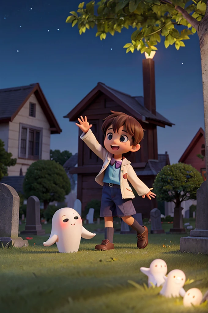 A boy waving and befriending a cute little ghost girl in a cemetery at night. ultra hd, 4k, 