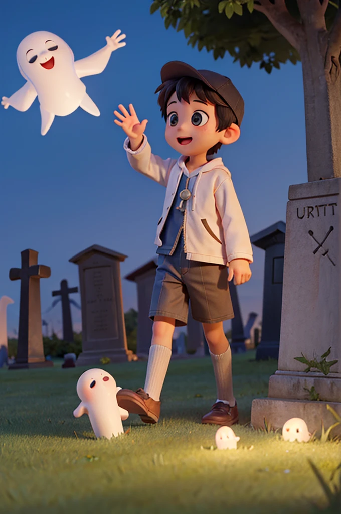 A boy waving and befriending a cute little ghost girl in a cemetery at night. ultra hd, 4k,