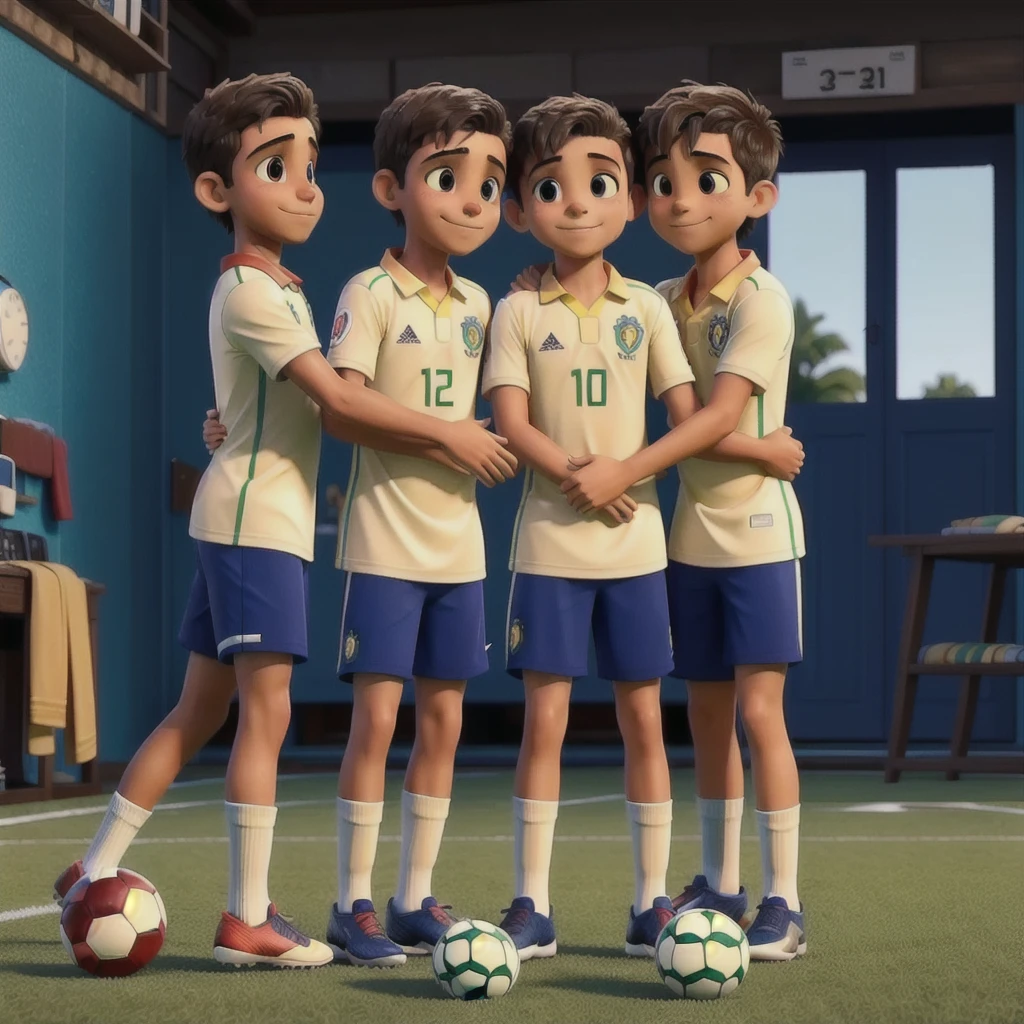 I created two Brazilian friends, they are best friends and they are playing soccer and they are hugging each other., they are beautiful boys and there are two of them