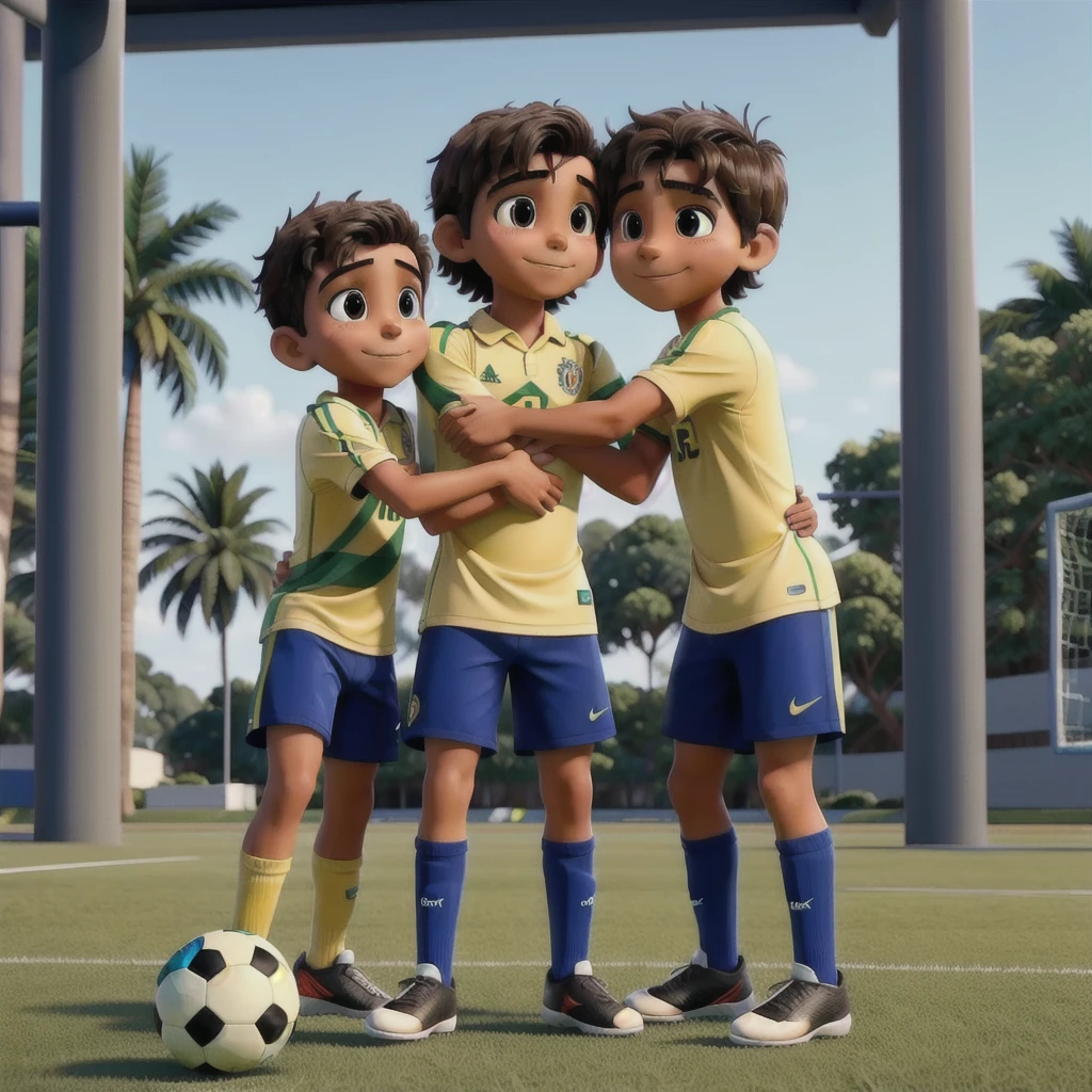 I created two Brazilian friends, they are best friends and they are playing soccer and they are hugging each other., they are beautiful boys and there are two of them