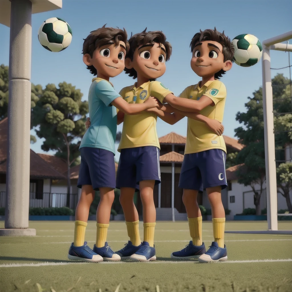 I created two Brazilian friends, they are best friends and they are playing soccer and they are hugging each other., they are beautiful boys and there are two of them