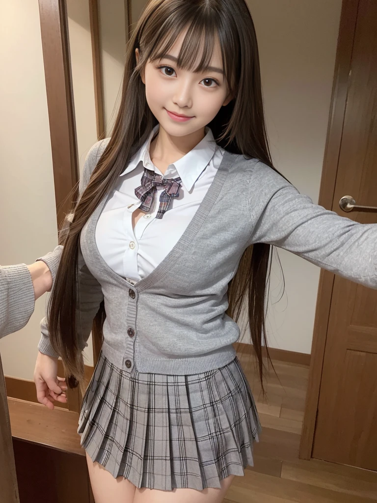 (Tabletop:1.2, Highest quality), (Realistic, Realistic:1.4),
View your audience, whole body,
1 Girl, Japanese, High School Girl, (Long Hair:1.5), With her hair flying, bangs, Hair between the eyes, Big Breasts:0.8,
Beautiful Hair, Beautiful Face, Beautiful details, Beautiful clavicle, Beautiful body, Beautiful breasts, Beautiful thighs, Beautiful legs, Beautiful fingers, Beautiful views), , School,
((Collared shirt, White shirt, , cardigan, Grey plaid pleated skirt、Red ribbon))、
smile, ,masterpiece、Highest quality、High resolution、Report、in house、I took off my clothes、Bra very、Side tie thong、sprawl、From above、Outstretched arms、rage、bed、Disheveled clothing、that'Difficulty breathing、sexual expression
