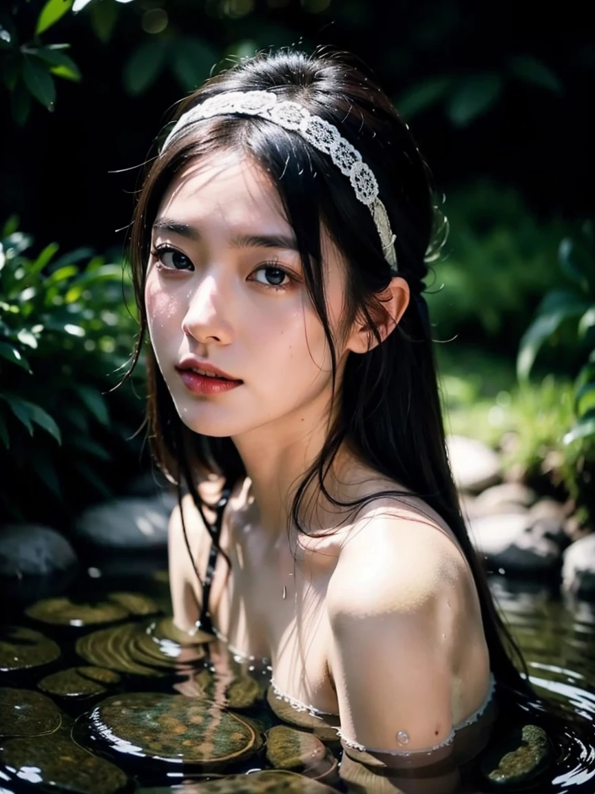 Highest quality, masterpiece, Ultra-high resolution, Supermodels soaking in Japanese hot springs, Outdoor hot spring, Stone hot spring, Moss and tree々Surrounded by, Super beautiful face, Pure Body, I can see my pores, (smile:0.8), Wearing split (Lace Headband:1.2), (realism:1.5), Original photo, Soaking wet, Sweaty, Bare shoulders, In the Dark, Deep Shadow, Modest, Cold Light
