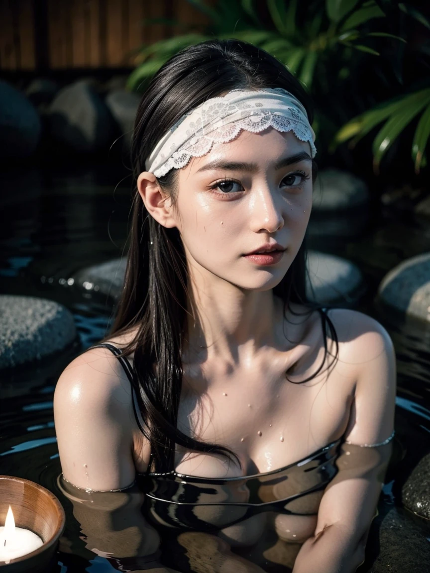 Highest quality, masterpiece, Ultra-high resolution, Supermodels soaking in Japanese hot springs, Outdoor hot spring, Stone hot spring, Moss and tree々Surrounded by, Super beautiful face, Pure Body, I can see my pores, (smile:0.8), Wearing split (Lace Headband:1.2), (realism:1.5), Original photo, Soaking wet, Sweaty, Bare shoulders, In the Dark, Deep Shadow, Modest, Cold Light