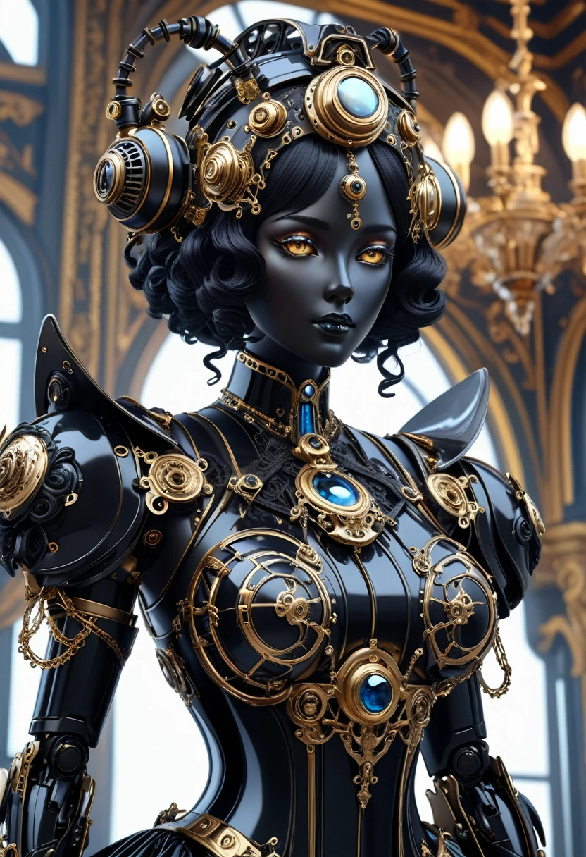 A steam punk style obsidian robot with a human like obsidian face. female figure. Wearing wig of spun obsidian. Ultra HD, Rococo-Inspired Fantasy Art With Intricate Details. (8K High Resolution) (top-quality)