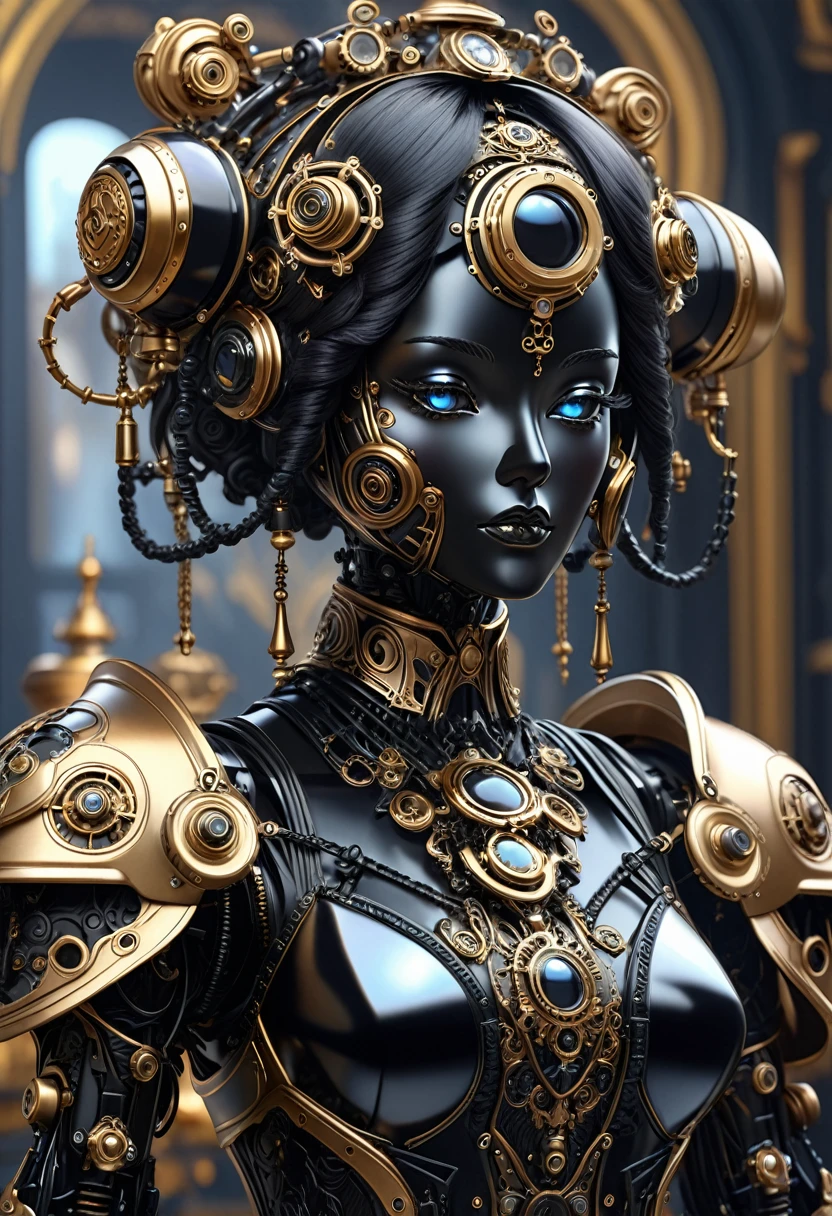 A steam punk style obsidian robot with a human like obsidian face. female figure. Wearing wig of spun obsidian. Ultra HD, Rococo-Inspired Fantasy Art With Intricate Details. (8K High Resolution) (top-quality)