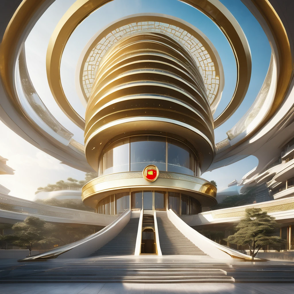 a building, futuristic circular conical design with 5 floors crescent like a staircase, pure glass, gold, and diamond, at the top a Chinese flag flagpole and fluttered mast, panorama view from the air
