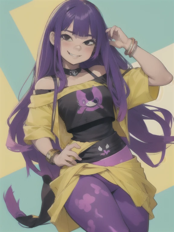 ((masterpiece, best quality)),  1girl, solo, miko_kubota, long hair, blushing, innocent smile, purple leggings, black undershirt, yellow shirt, off shoulder, jacket around waist, smile, wide hips, bracelet, animal print, 