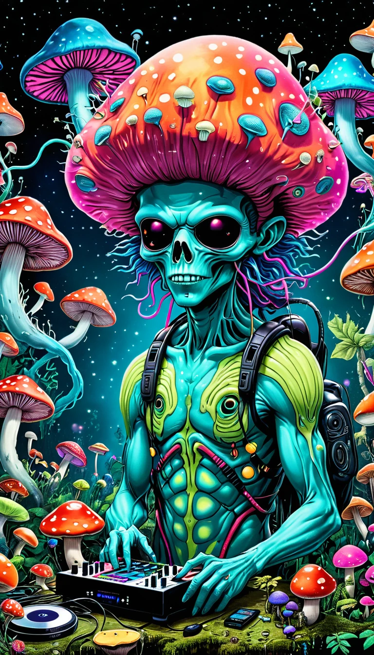 Alien Monster DJ, Exposed brain, Many mushrooms grow in the brain, psychedelics, Bioluminescence