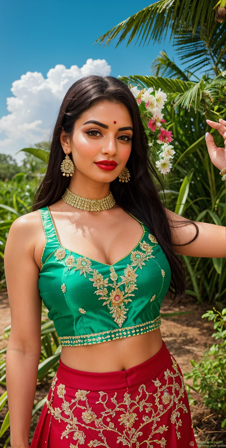 Pornstar Aria Giovani wear Indian dress, cum in face, cum on hair, cum on cloth,inside sugarcane field, evening sky, bossy sassy photoshoot, (wearing expensive sleeveless choli, long skirt),(red lipstick, sexy bright face), (intricate detailing of face eyes nose mouth full lips & body parts), textured skin, smile:0.6, eyes symmetry, face symmetry, 256K, HDR, hyper realistic, intricate detailing, yotta-pixel image, yocto-pixel detailing, super realistic,4k, HDR, detailed image, DSL camera photo 