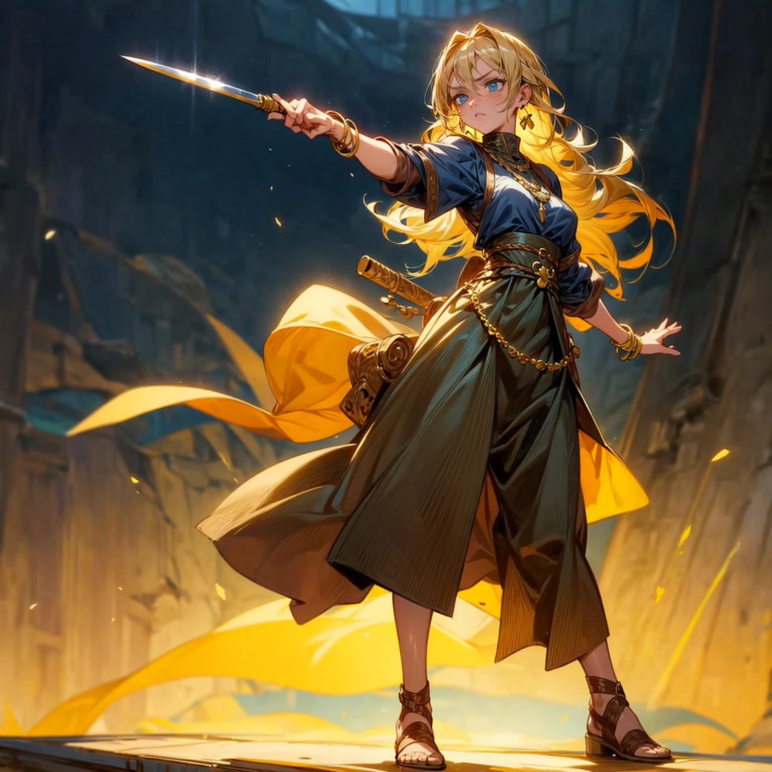 1girl, Full body version, 1character, adult version, blue eyes color, long Curly haircut, blonde colour hair, Gold earrings, gold bracelets, medieval style clothing, knife Assassin in hand Grassroots, background in Town square, motion blur, standing gesture, (attack on Titan style art)