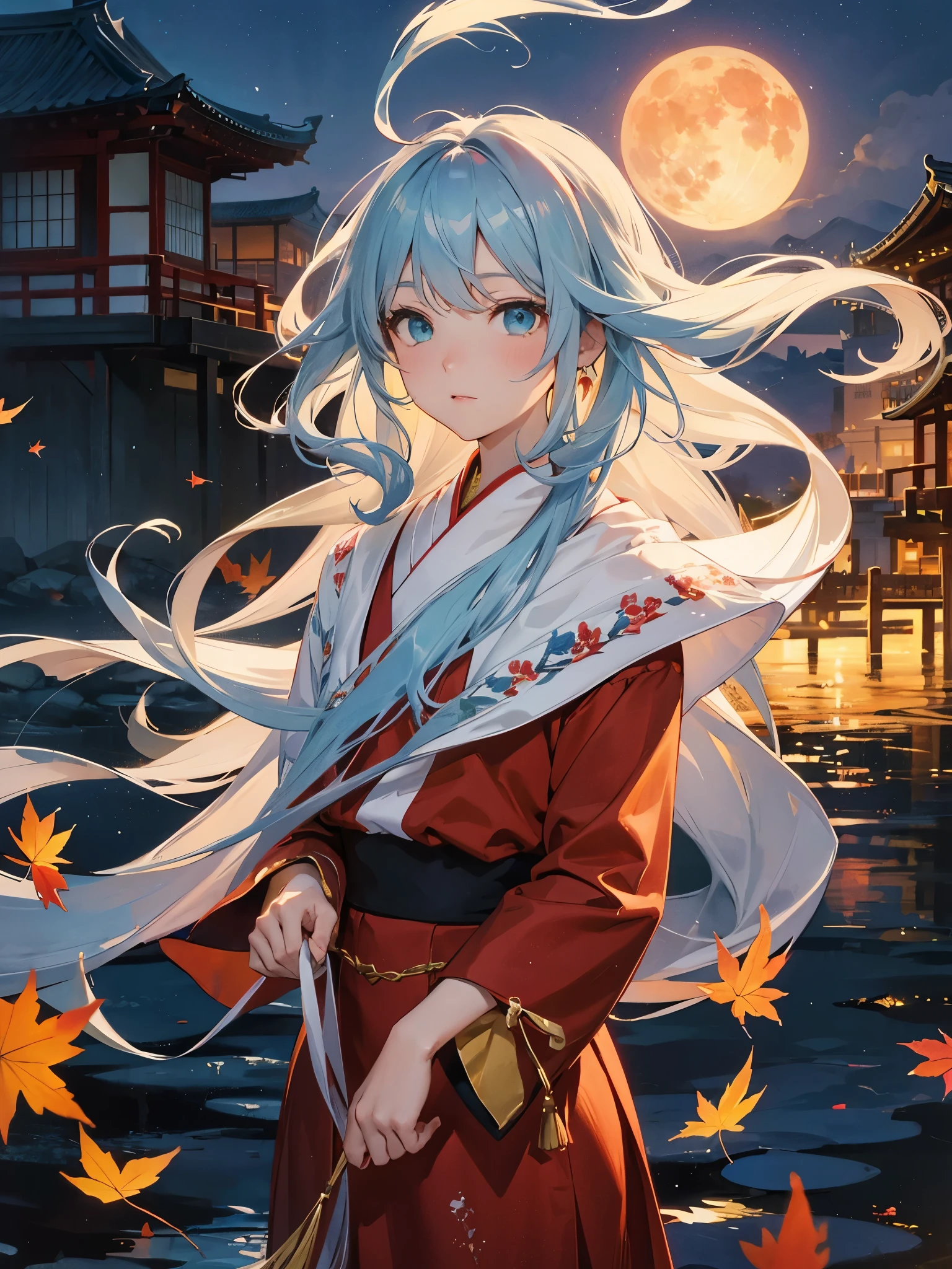 One girl,View your viewers,gem,ribbon,ribbon袖,Long white hair,White,Aqua green eyes,water彩画(curly),Colored pencil(curly),緑のribbon,(Blue rose:1.1), Mont, evening, fallen leaves, ((autumn)), Hanfu, cloud, East Asian architecture, bird, Expressionless face, building, Red Rose, rosette, Yuki, Snow Flower, Fiery, (water戸 渚四郎:1.2 ), Sky Sky, blue sky, Red Moon, Red dress, moisture, rain, water, White flower, Blue Flower, Yellow Flower, meteor, Starry Sky, wood, Green background, Rainbow colors, Bloods, Home,Street,(Rios:0.8),(Ocean:0.8),(Takito:0.8),I can't get my hands in my sleeves,lamp post,The lamp lights up,(night:1.255)