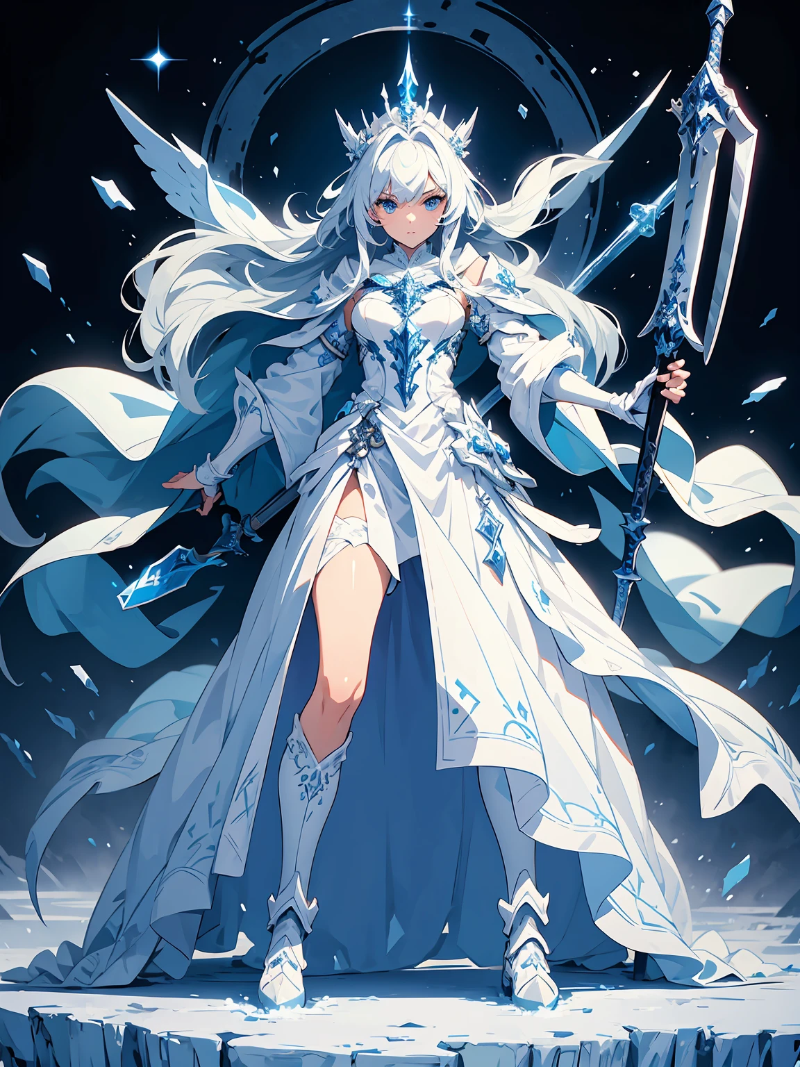 (((masterpiece, best quality, 8k))) Design a layout showcase Gaming character, (1girl),((perfect face, high detailed face)). Blue+White clothes, icy and pristine, ((showcase weapon:1.4)), ice staff, (masterpiece:1.2), (best quality), 4k, ultra-detailed, (Step by step design, layout art:1.5), (frosty lighting, chilling atmosphere), ice mage, ((fur gloves)), (((revealing gown:1.3))), ice vambraces, fur-trimmed boots, (((full_body_shot:1.4)))