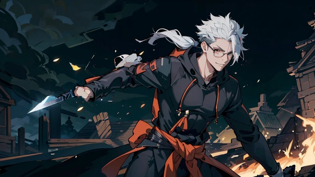 Perfect anatomy and highly detailed face, Delicate depiction of the eyes, Accurate drawing, Beautiful Hair, Detailed Background, Edgy, One person preparing for battle, Man in his late 20s, Red hoodie and black pants, Warm, loose-fitting clothing, , A casual fashion style where you wrap your jacket around your waist, Two falchions in their sheaths, A mercenary with two scimitars on his hips, A dual-wielding swordsman with his swords sheathed, Mafia with a sword scar on his nose, Villain with serious injury, Dark malicious smile, A young man with narrowed eyes laughing like a fox, Tanned dark skin, White to silvery hair, Short Ponytail Hairstyles, His trademark thick black-rimmed glasses, Cynical smile, Sarcastic mood, The scene of a large-scale indiscriminate terrorist attack, Burning and collapsing building, I have inner loneliness, Deep down, I feel like life is hard, Jealousy and envy towards successful people, The insight and resignation that come from hard work and failure, Perverse Desperation,