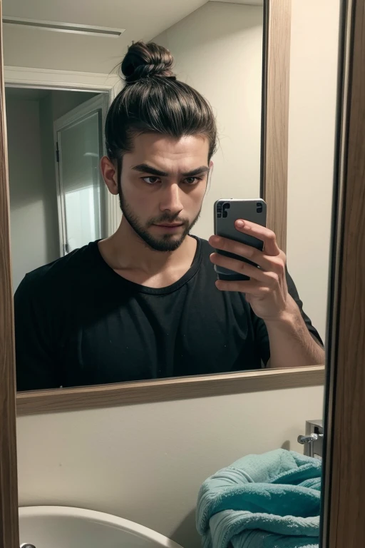 create a photo of a man with a topknot and a shirt in a mirror with a cell phone in his hand
