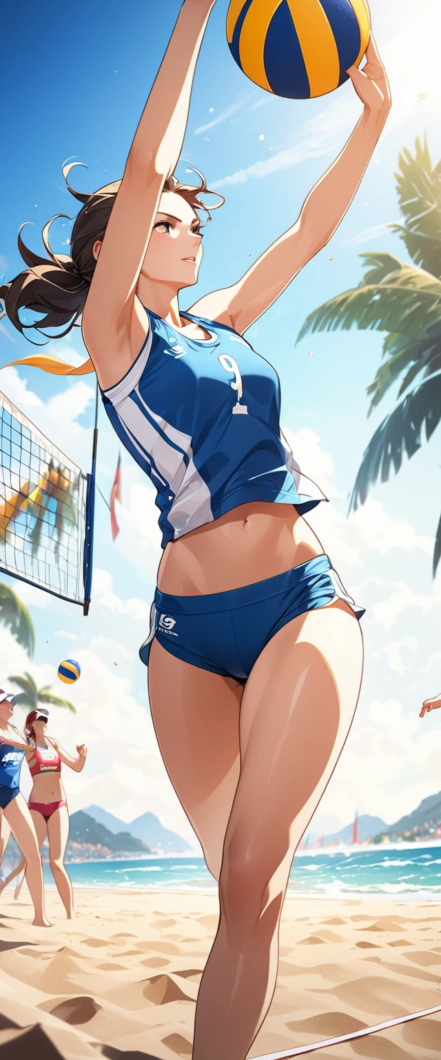 Beach Volleyball, Female beach volleyball player, sports fashion photography,sports photography,race on the beach.Beautiful and extremely fine texture,detailed, bright, Animation style high definition and high quality presentation,