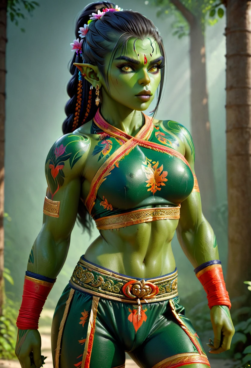(danahamm:1.08), (style-sylvamagic:0.88), (extremely detailed CG octane render 8k wallpaper), the most beautiful artwork in the world, a Full body shot photo of a sexy solo woman looking at the camera, (nsfw:0.50), full dynamic color, Intricate, High Detail, Sharp focus, dramatic, photorealistic masterpiece painting, modelshoot style, orc women, tusks, green skin, 6 pack, toned, muscles, biceps, pouty lips, long single braid hair with shaved sides, east indian clothing, realistic fabric, colourful bodypaint, strong thighs, fierce, perfect skin, detailed skin, muay thai clothing, martial artist clothing