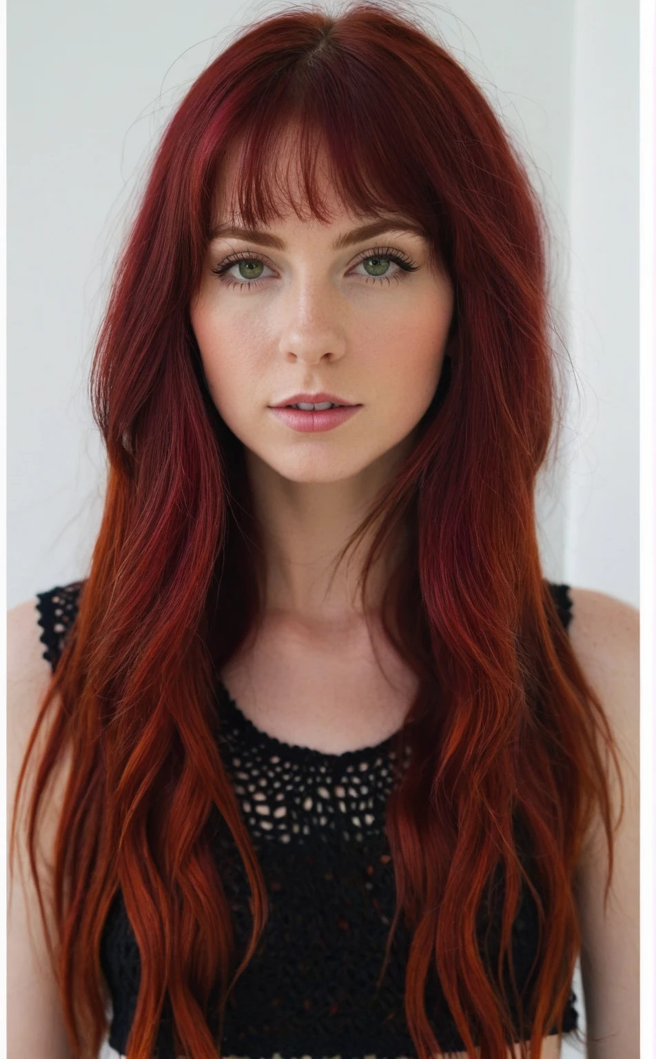 She has long hair (down to her waist), wears a white set of shorts and a crochet shirt, the background is a white wall. Red Hair