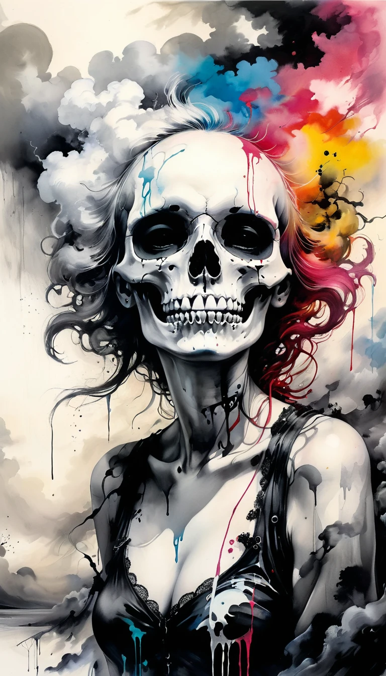Abstract colorful ink painting of a woman , skull, Before you lose consciousness ; Black and white clouds, crazy devil, A colorful painting by Stephen Gammell、Detailed mixed media ink illustrations, Rafael Ossola, John Eggcranes,