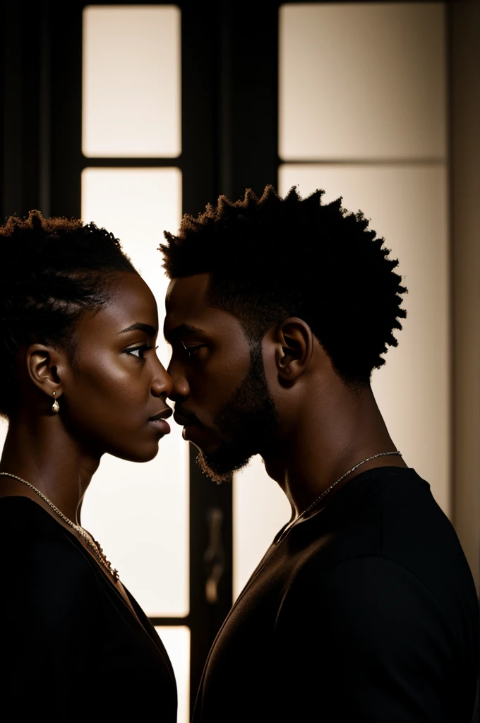 Black couple staring into each other’s eyes from a profile side view with dramatic lighting