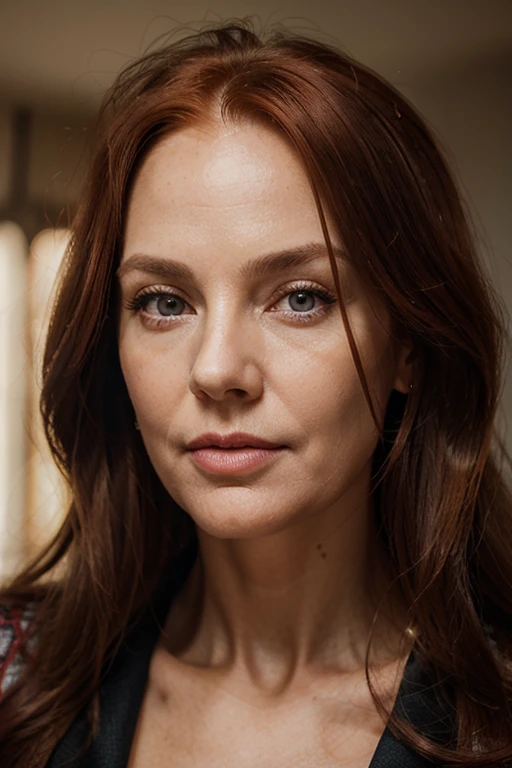 Stylish woman 60 years old, Red hair, long hair, full lips, big forehead,  An open face, Pronounced wrinkles, gorgeous face, complete face, complex parts, hyper realistic eyes, volumetric lighting, Best quality, masterpiece, Tone Mapping, sharp focus

