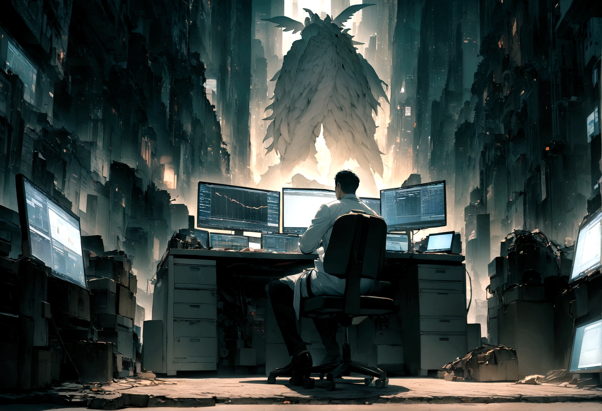 "An angel with wings blessing a day trader sitting in front of several computers trading in the financial market on the mt5 platform, high quality image. Add the text to the image "Eder Santo Professional trader investments the terror in the financial market"