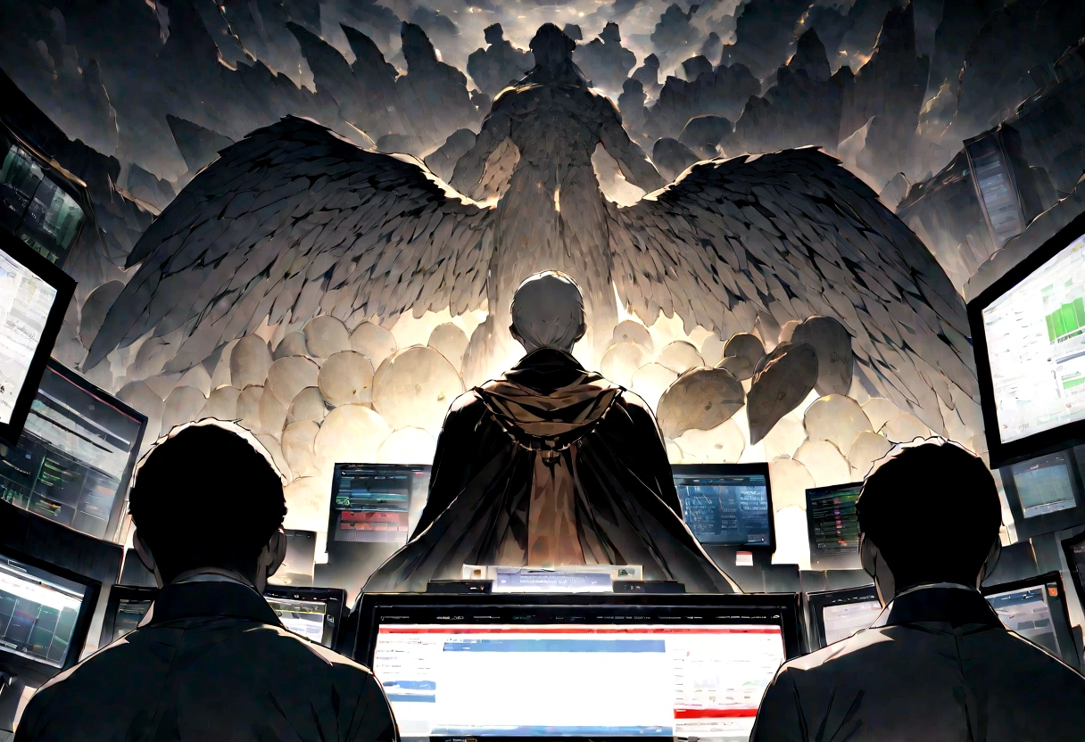 "An angel with wings blessing a day trader sitting in front of several computers trading in the financial market on the mt5 platform, high quality image. Add the text to the image "Eder Santo Professional trader investments the terror in the financial market"