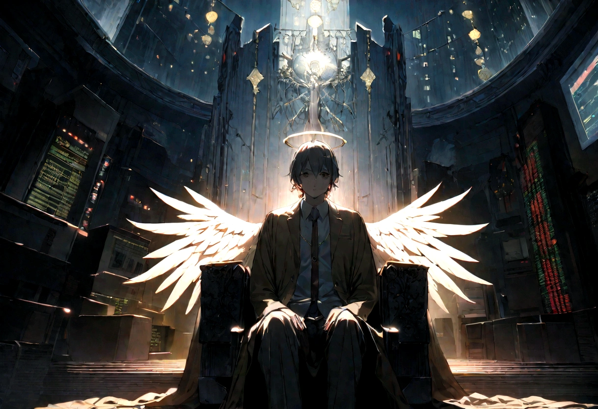 "An angel with wings blessing a day trader sitting in front of several computers trading in the financial market on the mt5 platform, high quality image. Add the text to the image "Eder Santo Professional trader investments the terror in the financial market"