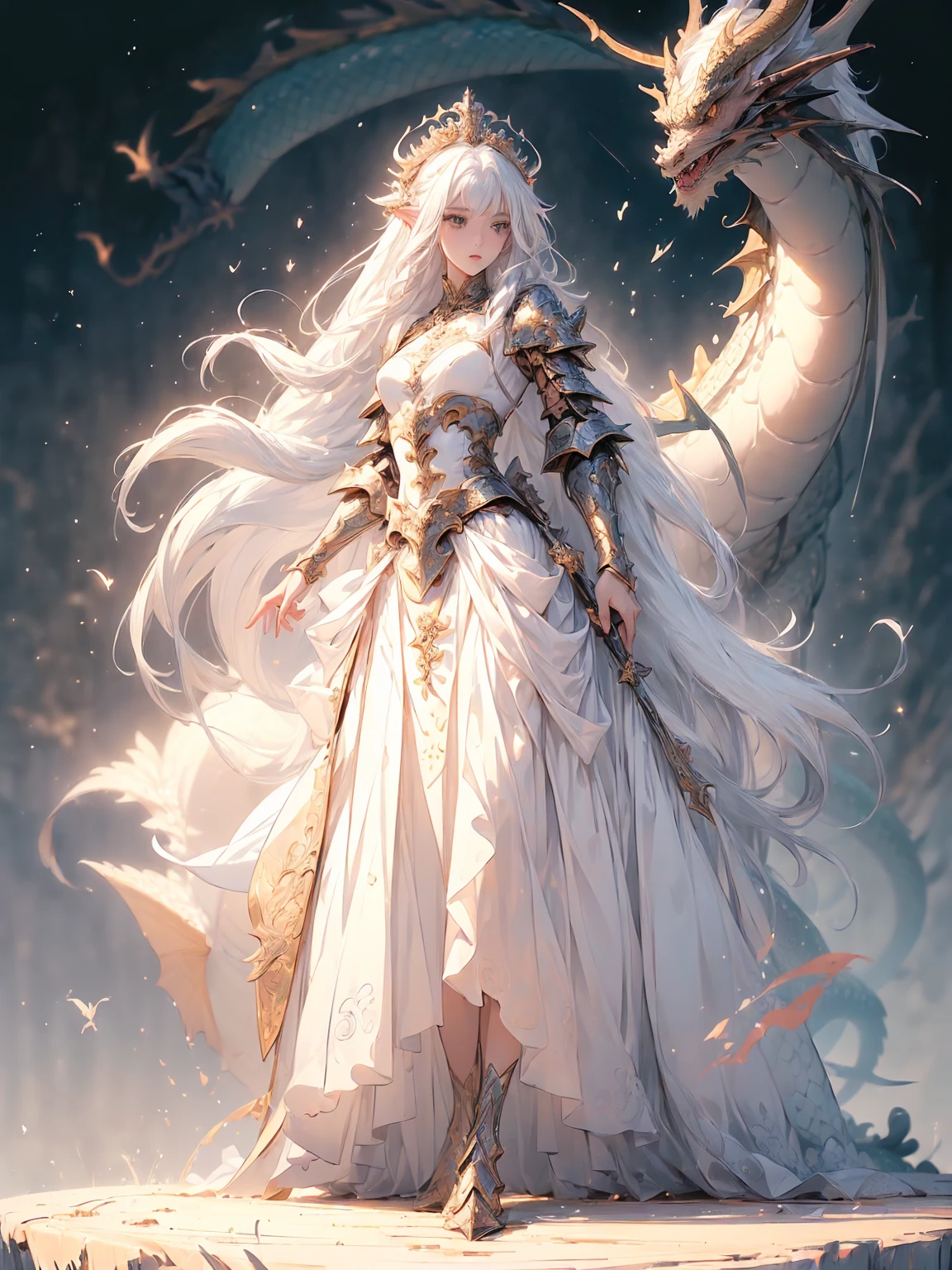 Design a layout showcase Fantasy character, (1girl), mounted on a dragon. 
Beautiful armor, wielding a spear, long white hair, wearing a tiara. 
((detailed dragon:1.4)), white dragon, full of intricate details. 
(masterpiece:1.3), (best quality), 4k, ultra-detailed. 
(Dynamic pose, heroic stance:1.5), (dramatic lighting, atmospheric lighting). 
warrior, ((tiara:1.2)), (((long white hair:1.4))), spear, (((full_body_shot:1.5))).
In a mystical landscape, high in the sky, with clouds and sunlight.
