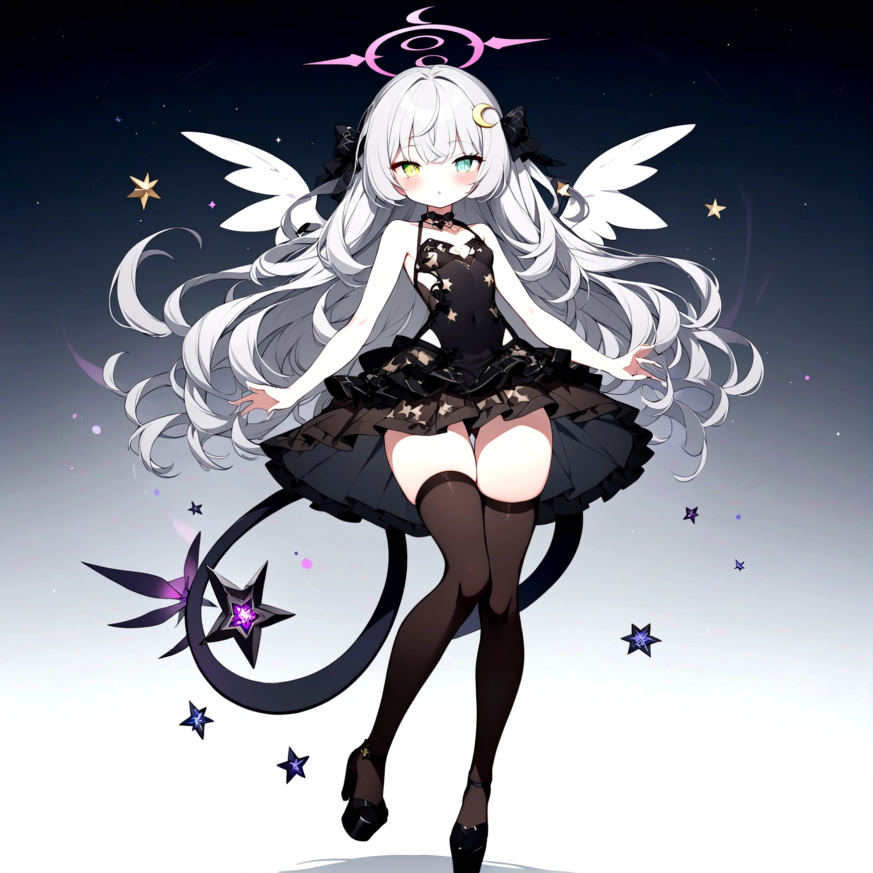 woman 160 cm tall, slim build. (character design sheet: front view). Long Wavy Gray Hair with Knee Length Curls. (heterochromia: one light green eye and one amber eye), she has little ribbons in her hair, crescent-shaped barrette on the right side of the hair. extremely detailed face, small face, Beautiful detailed eyes, beautiful detailed lips. adorable, extremely detailed legs, (Best Quality, 4k, 8k, high resolution), ultra detailed, Exquisite and epic character art.. Black high stockings with gold star print.. Black platform heels, One-piece dress with low waist and ruffles. It has black and pink robotic arms. dark gray belt at the waist with a small platinum blue crescent, black necklace on the neck with rose-shaped decoration. He has short angel wings on his back that are dark blue and black... It has a succubus tail that ends in a heart shape at the tip... Wide hips. Wears a luminous gray and black halo with rose patterns.. (small chest size).