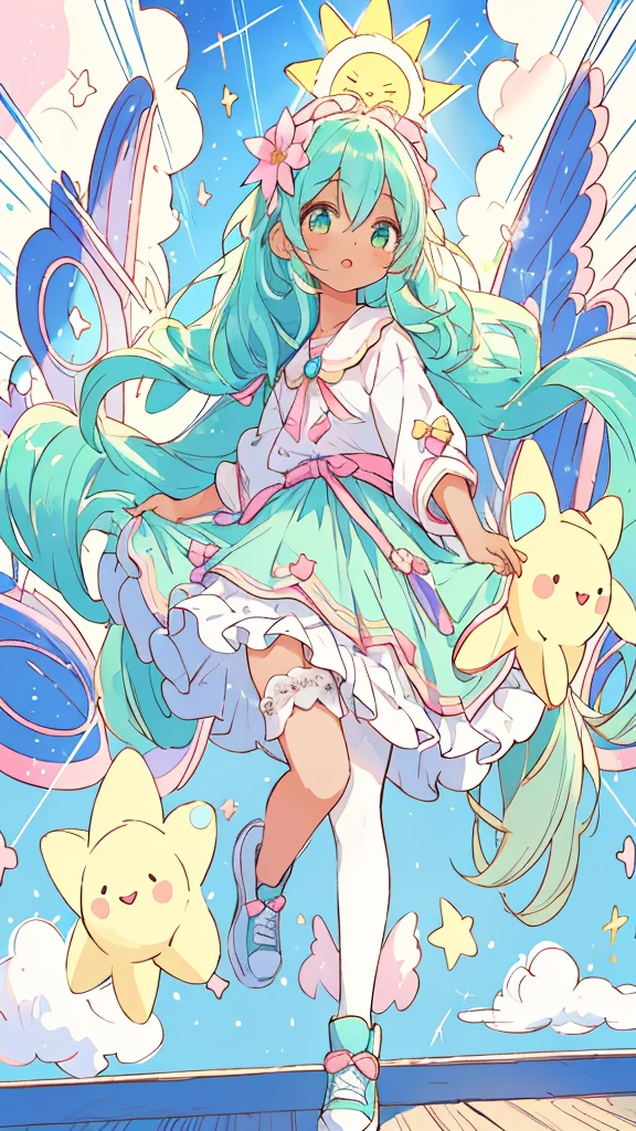 (best quality,4k,8k,highres,masterpiece:1.2),ultra-detailed,(realistic,photorealistic,photo-realistic:1.37),character design,fullbody,kawaii,design,fashion,sky blue and lime green color palette,adorable,characters,dark skin,miniskirt,fluffy sweater,lace stockings,platform sneakers,cute room,cosy environment,soft lighting,vibrant colors,Waifu style,expressive eyes,long eyelashes, playfulness, innocence, confident, happy, dynamic pose, standing, surrounded by floating pastel-colored hearts, surrounded by glittering stars, holding a plushie, surrounded by flowers, dreamlike background, sun rays breaking through the clouds, touch of magic, hand-drawn style, neat lines, clean and smooth shading, details on clothing and accessories, attention to facial expressions and body language, emphasis on cute and charming features, lively and energetic vibe.