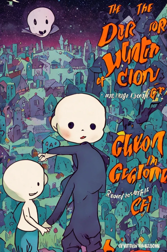 A boy waving and befriending a cute little ghost girl in a cemetery at night